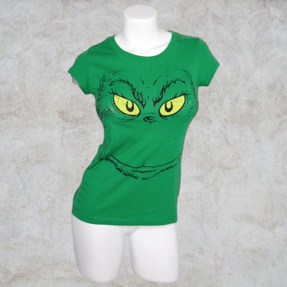 Dr Seuss The Grinch Green Medium Tee Shirt Full Face on Front Yellow Eyes Cotton - Picture 2 of 10